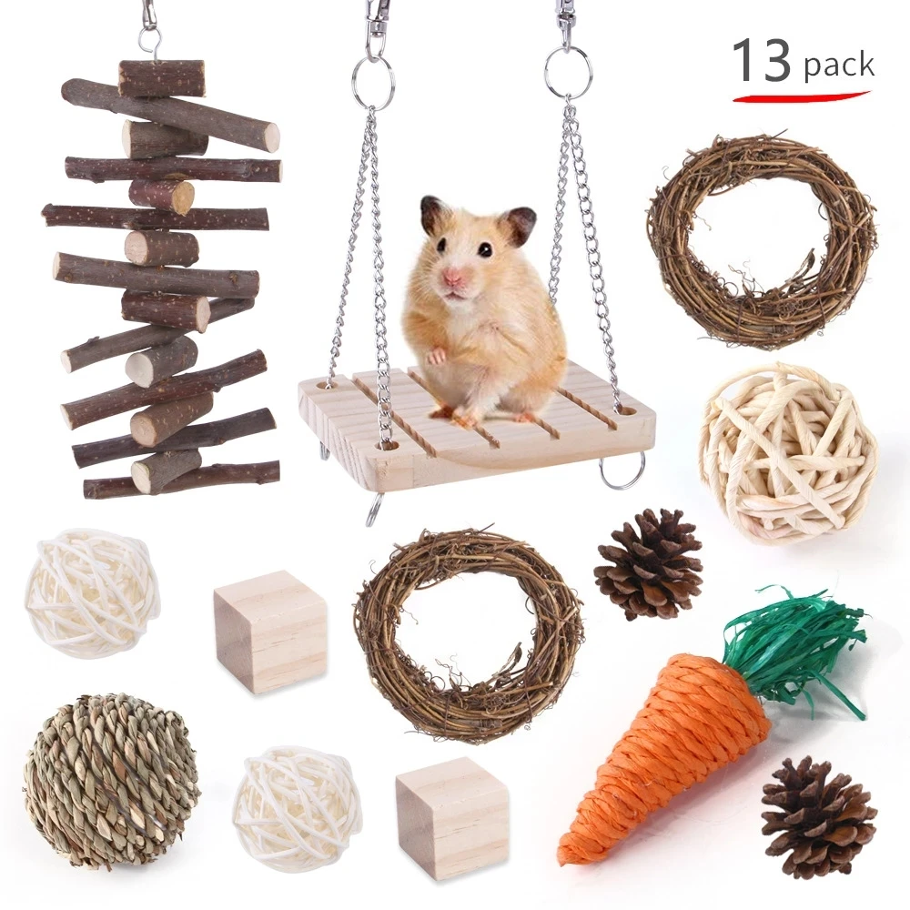 Natürliches Kauspielzeug für kleine Haustiere für Kaninchen, Meerschweinchen, Hamster, Grasbälle, hängendes Holzspielzeug, Linderung von Zähneknirschen und Langeweile – Detail 9