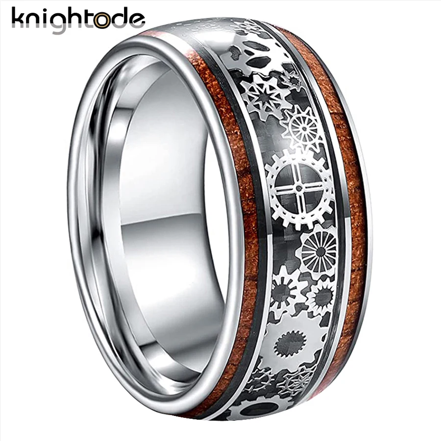 10mm Super Men Rings Tungsten Carbide Wedding Band With Wood And Steampunk Gear Inlay Domed Polished Comfort Fit