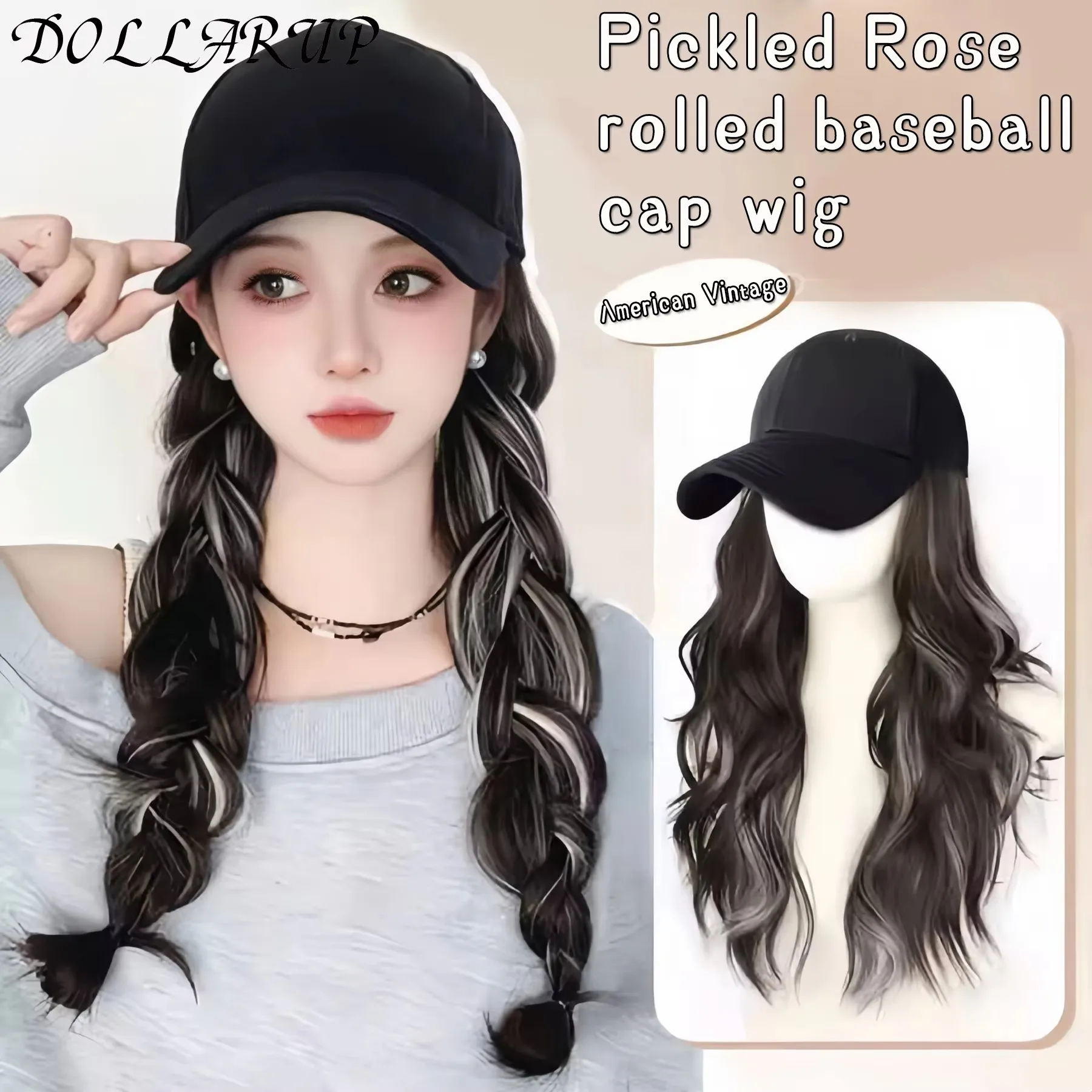 JKL peluca sintética de 40cm gorra de béisbol peluca de pelo largo y liso gorra de lengua de pato cabeza bobble pelo rizado cola de caballo bob regalo de Navidad