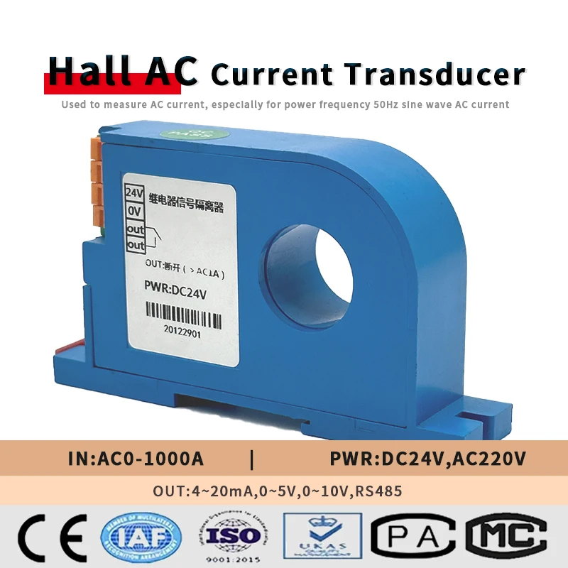 

AC Current Transmitter Din Rail 0-1000A Current Sensor Open Loop Hall Current Transducer Output 4-20mA RS485