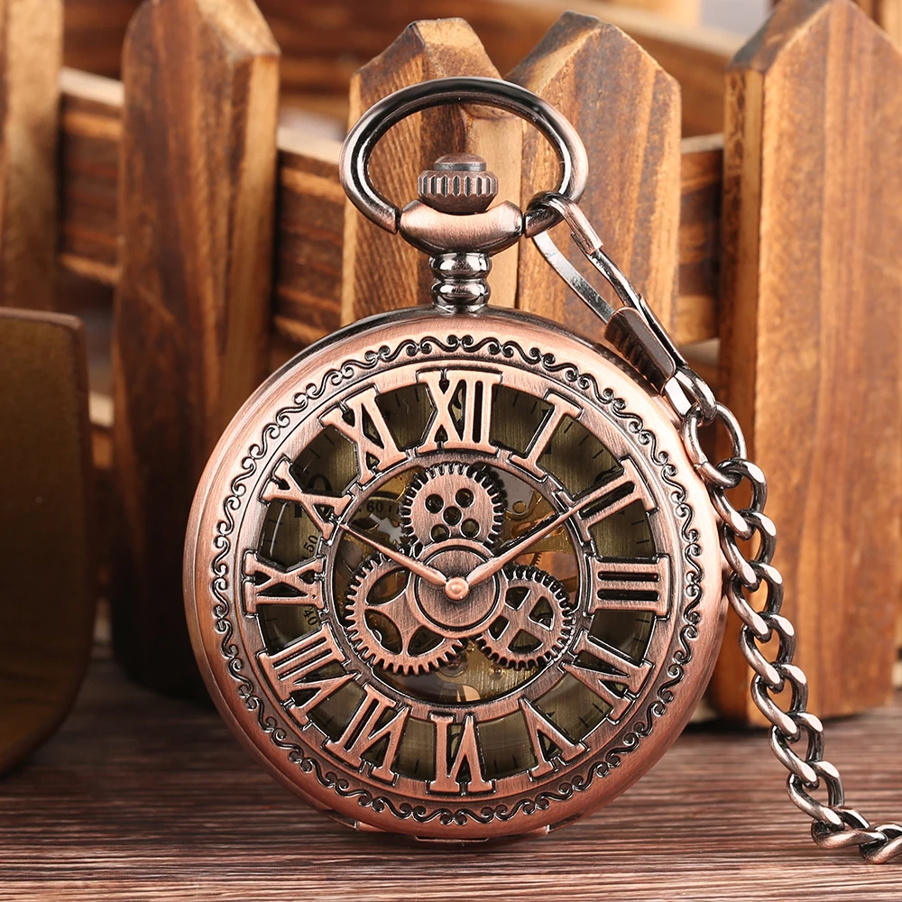 Red Copper Transparent Hollow Roman Numerals Manual Mechanical Pocket Watch Men with Pocket Chain Pendant Pocket Clock Male Gift