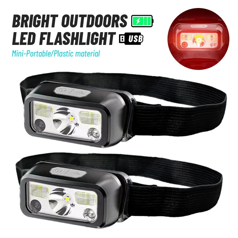 USB Rechargeable LED Headlamp-Induction Headlight with Red Light,Outdoor Waterproof Head Torch for Fishing,Camping,Night Running