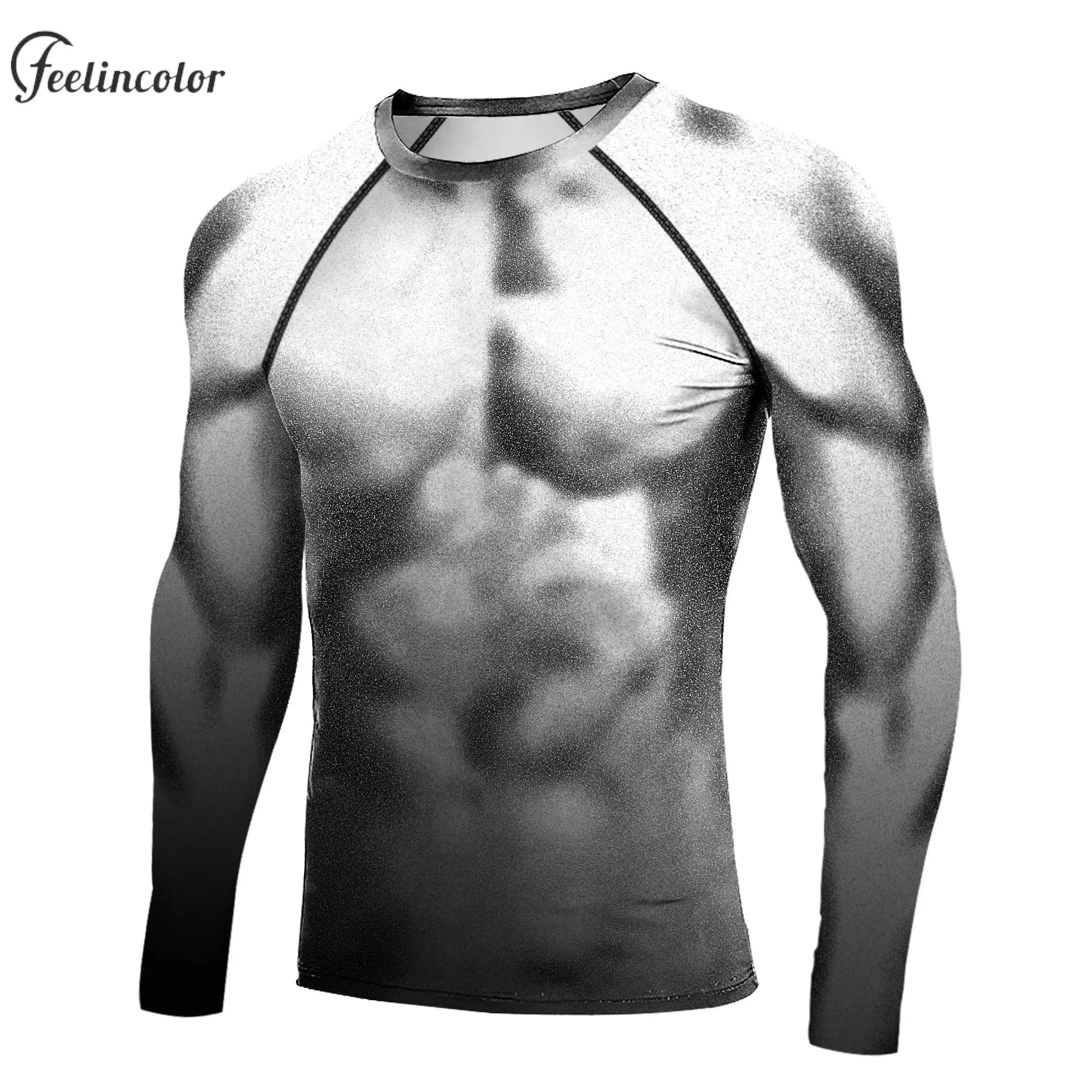 Camicie muscolari con stampa 3D per uomo T-shirt fantasia a maniche lunghe Maschile Fitness Compressione Top Girocollo Abbigliamento maschile