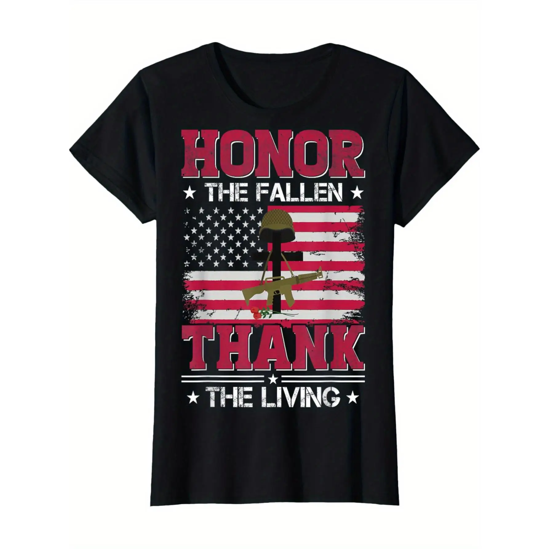 

Women's Patriotic Memorial Day T-Shirt - Honor the Fallen Thank the Living Slogan with Distressed American Flag & Rifle Graphic,