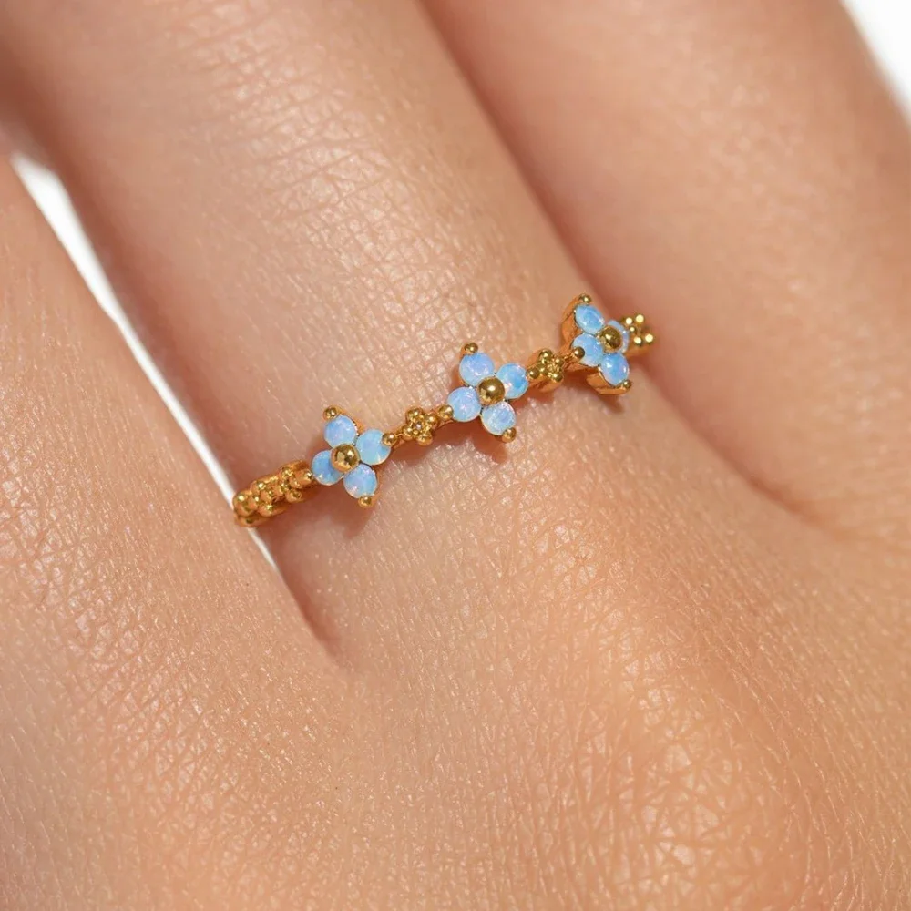 Boho 18K Gold Plated Simple Blue CZ Flower Zircon Rings For Women Girls Teens Cute Fashion Aesthetic Jewelry