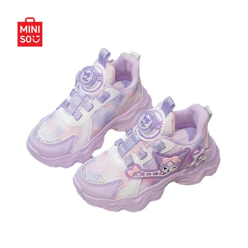 حذاء Miniso 2025 Kuromi للفتيات، نعل ناعم شبكي منسوج وجلد للأطفال والكبار والمراهقين