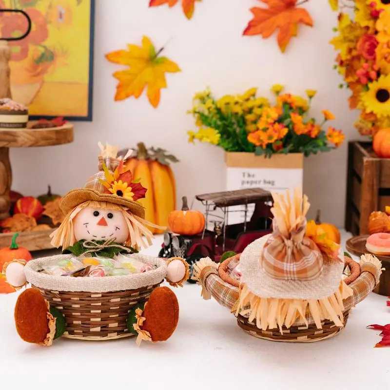 Harvest Festival Scarecrow Decoration Sunflower Sitting Thanksgiving Scarecrow Doll Holding A Fruit Basket Autumn Thanksgiving