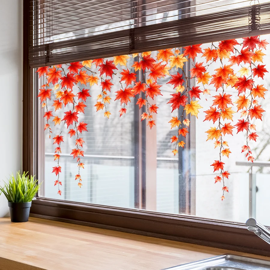 11.81*23.62inch Autumn Window Stickers, Hanging Maple Leaves Vine Decals, Removable Red And Orange Fall Foliage Static Clings