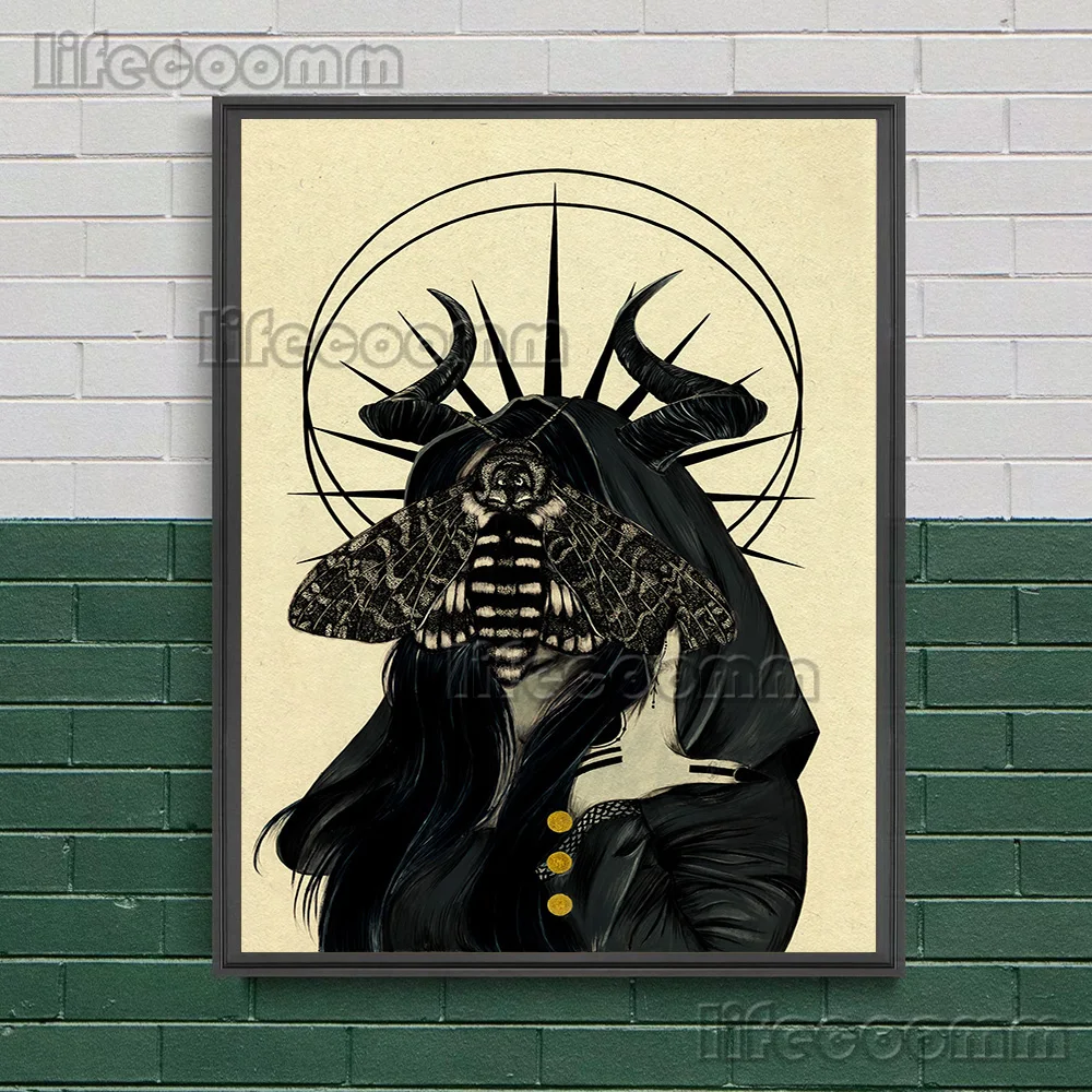 الساحرة غامض أسود أبيض الغراب الرموز خطوط هندسية ، جدار الفن قماش الطباعة ، العث والخفافيش القوطية ، الفن الحديث ، ديكور طباعة الملصق #4