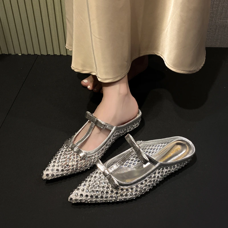 

Новинка лета 2024, дышащая сетчатая пряжа, полутапочки Baotou, уличная обувь в сетку, туфли с бантом и сеткой с бриллиантами