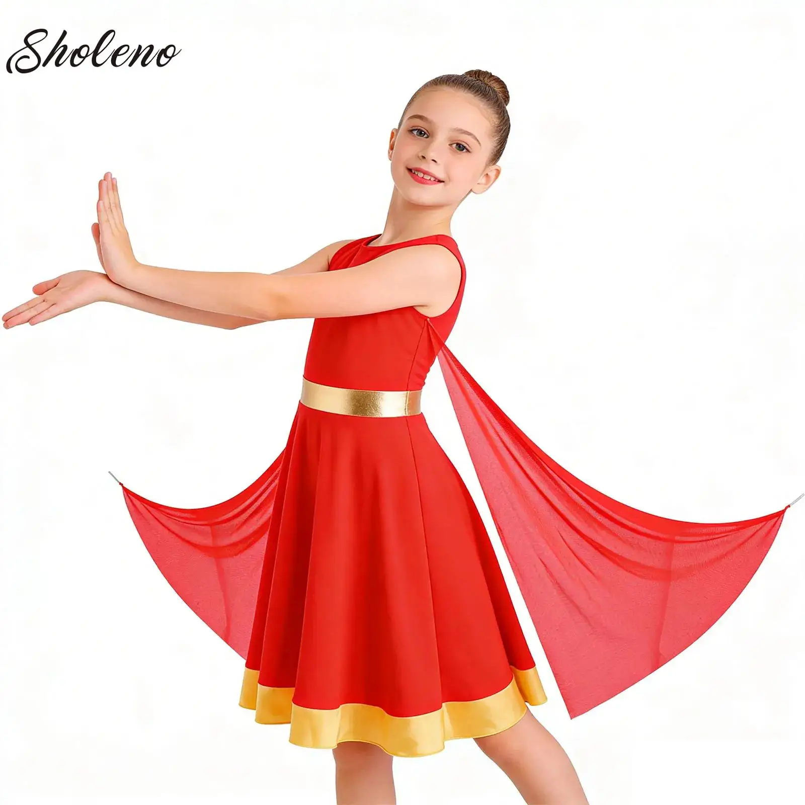 

Girl Metallic Liturgical Praise Dance Tunic Dress Mesh Drapes Church Celebration of Spirit Praise Stage Performance Dancewear