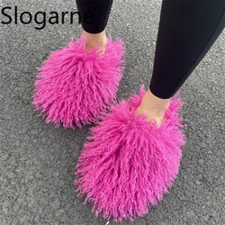 Women Autumn Winter Furry Fur Slippers Fluffy Faux Mongolian Fur Slides Warm Plush Slippers Fuzzy Flip Flops Luxury Woman Shoes