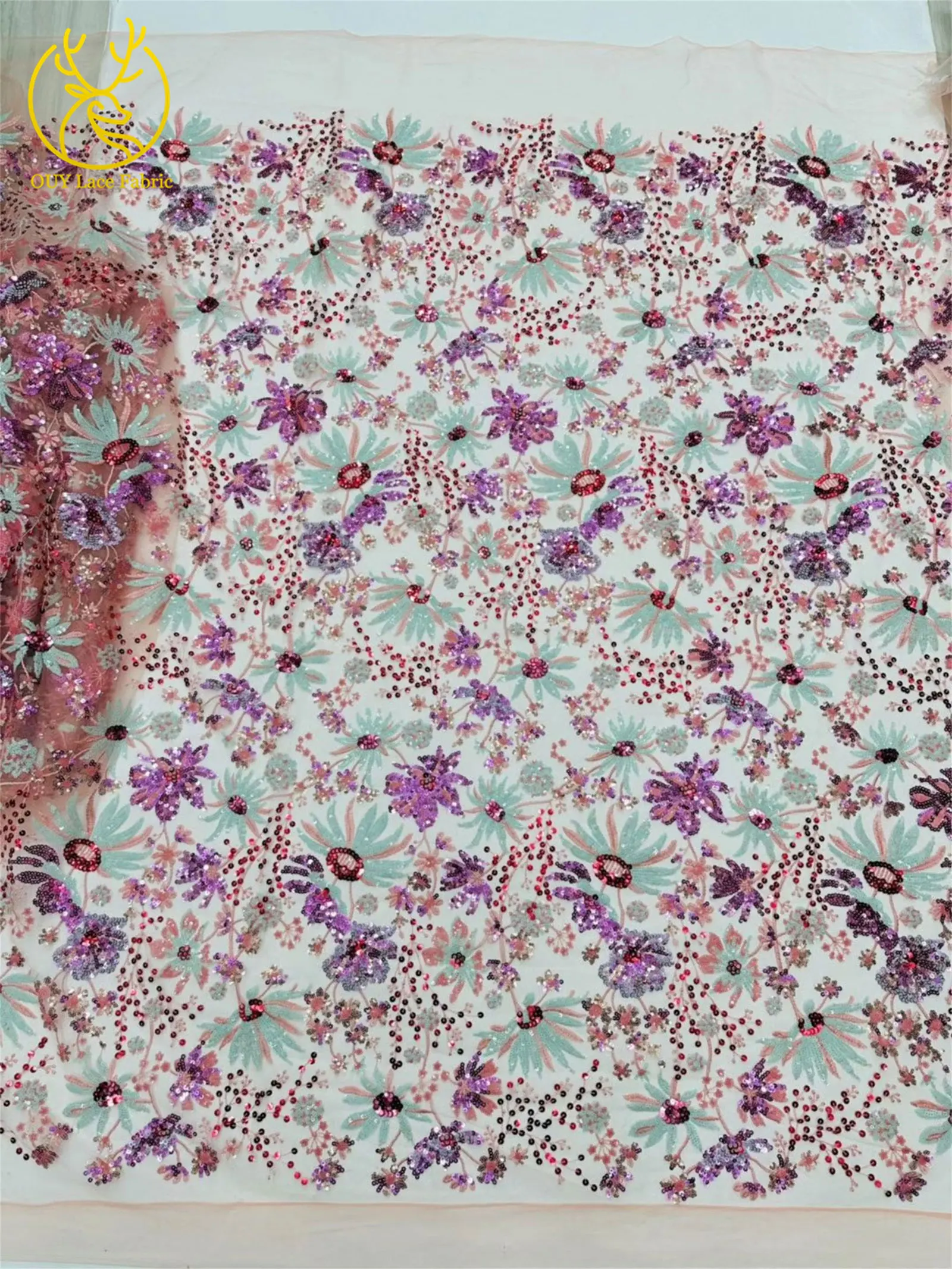 5 Yards des neuesten afrikanischen Pailletten bestickten Spitzenstoffs, hochwertiger französischer nigerianischer Mesh-Tüll-Spitzenstoff, Partykleid – Detail 6