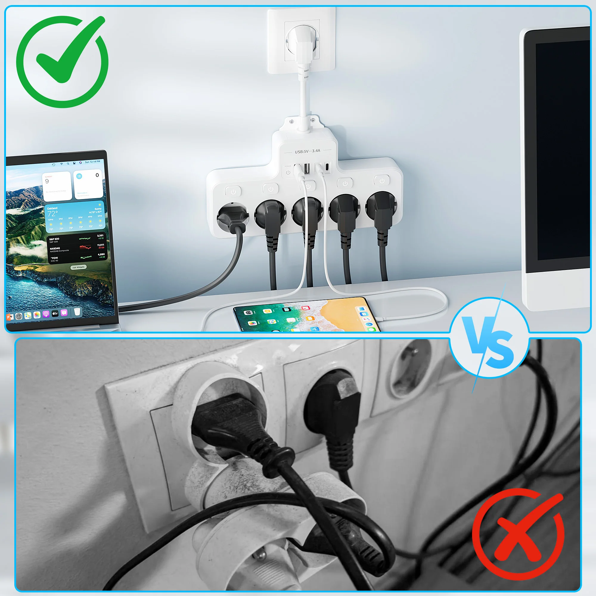 EU 9-in-1 USB wall power outlet with 2 USB-A; 2 USB-C; 5 AC power sockets; suitable for, living room, kitchen.