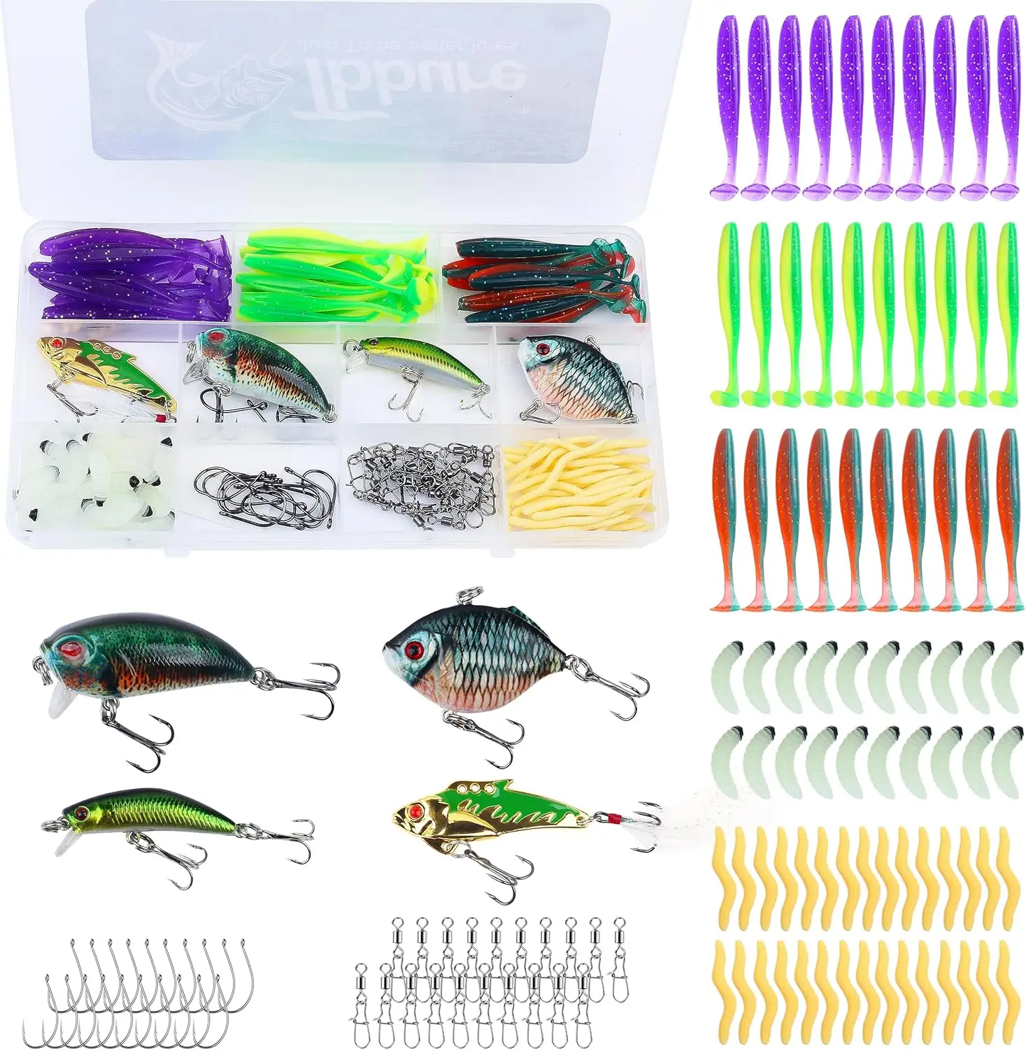

124 Pcs Fishing Lures Kit with Tackle Box for Bass, Soft Baits, Hooks, Worms, Crankbaits, Gift