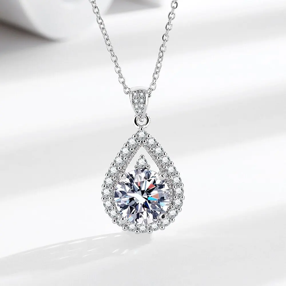 Teardrop Halo Pendant Necklace for Women Silver Round Cubic Zirconia Dainty Cluster Diamond Fine Daily Wedding Jewelry