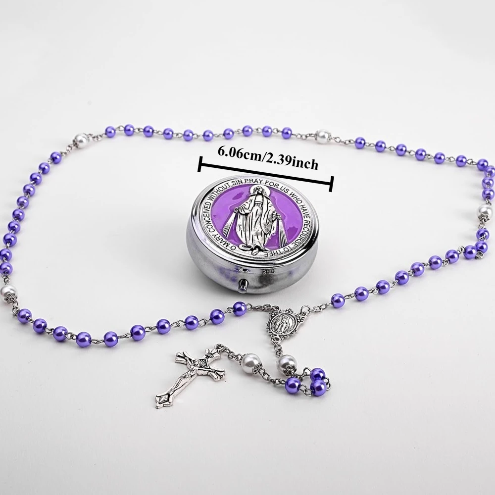 1-5 Sets Catholic Pearl Cross Rosary Necklace Glass Beads with Miraculous Box for Baptism First Communion Prayer Religious Gift - view 2