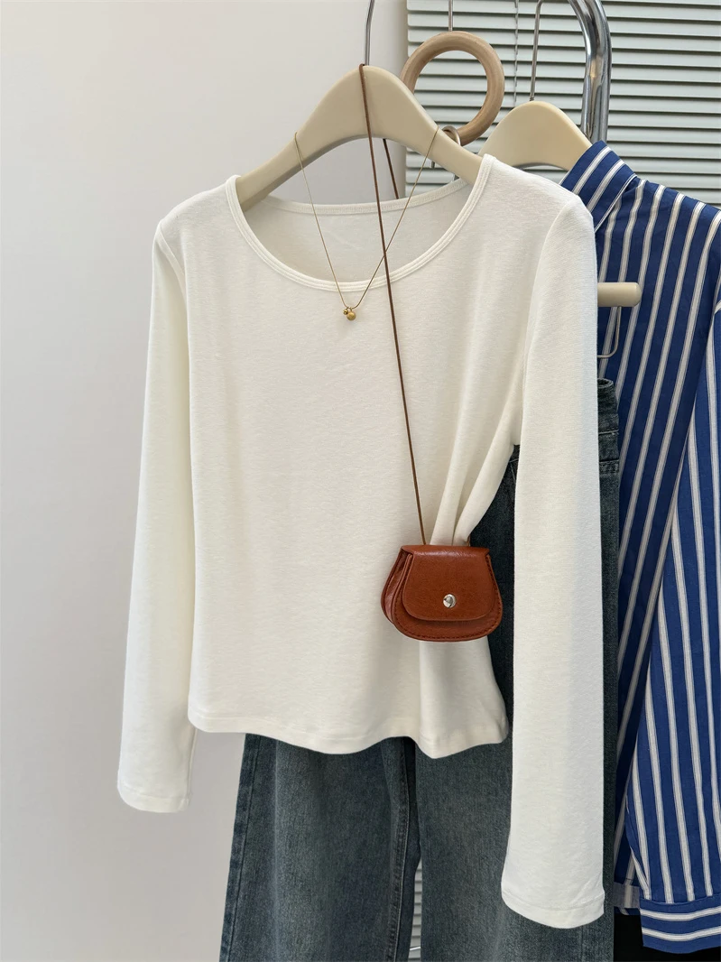Slim Fit rotondo Ne Long Sve Base irt Sle da donna Primavera Nuovo colore puro Abbigliamento interno Top a tubo dritto coreano alla moda