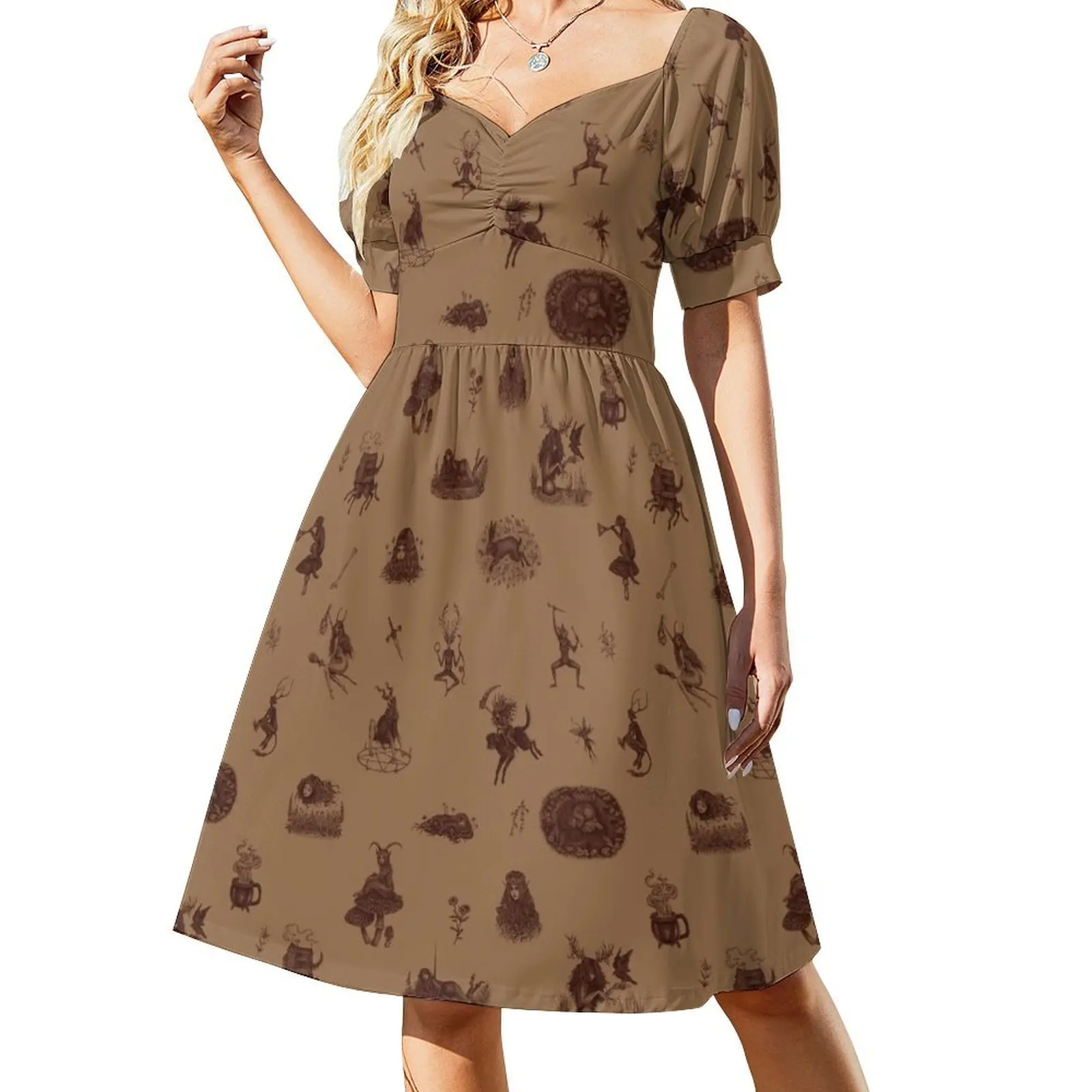 

Folk Horror in brown Short Sleeved Dress Women's summer long dress african dresses for woman Female clothing Dress