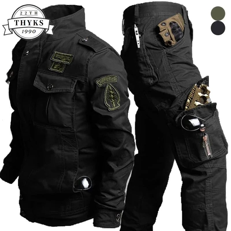 Conjunto militar de algodón bordado para hombre, chaqueta con múltiples bolsillos, pantalones Cargo rectos resistentes al desgaste, traje de 2