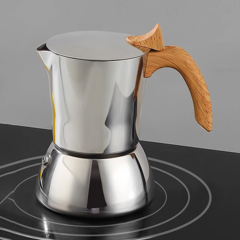 Customized 4/6 Cup Stainless Steel Moka Pot Modern Italian Espresso Coffee Maker Double Valve Insulated Handle for Business Use