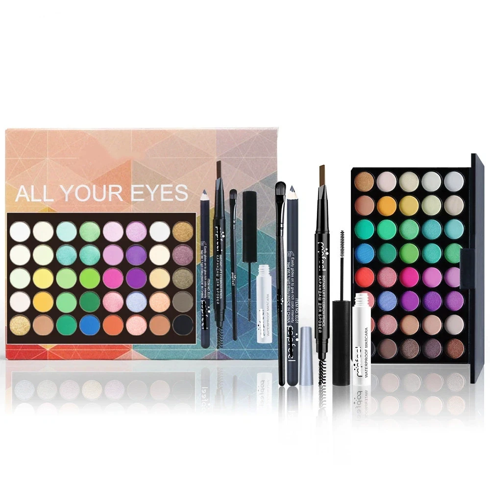 Palette di cosmetici in polvere opaca e impermeabile con glitter, matita per sopracciglia, eyeliner, mascara, pennelli per il trucco, cosmetici per gli occhi_voghion.com
