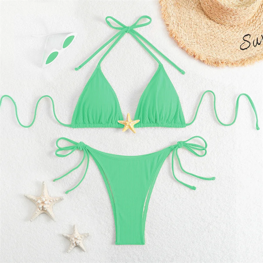 Women Swimsuits Separate Halter Bikinis Set With Chest Pad Solid Color With Starfish Beachwear Summer Vacation Two-Piece Sets