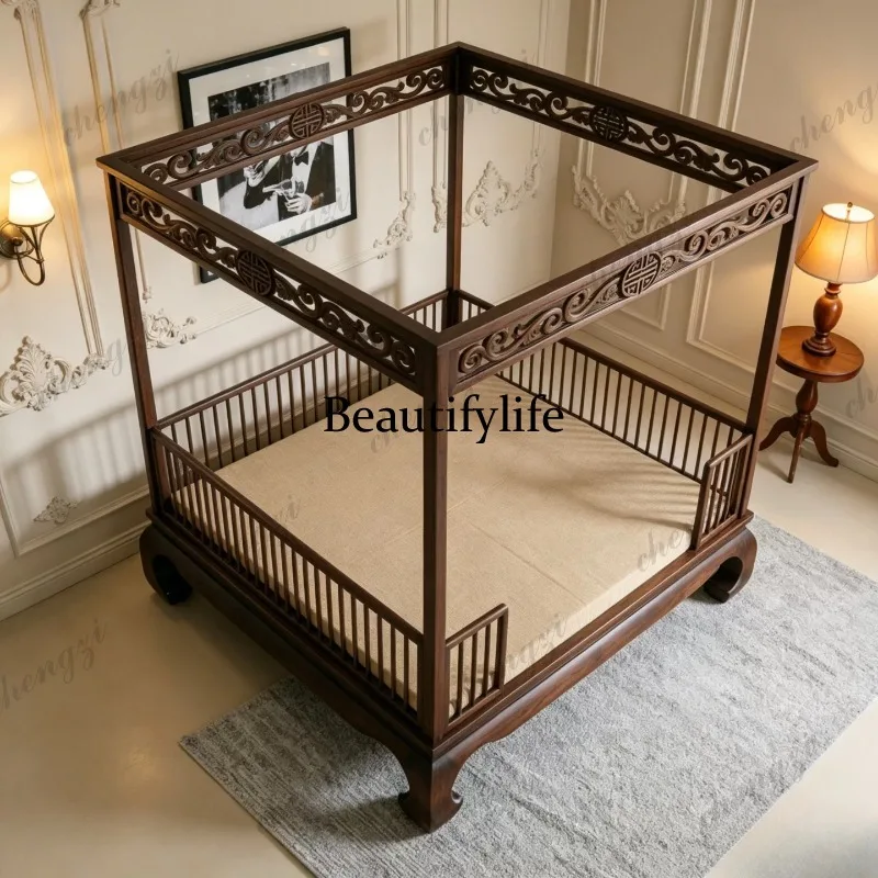 A74 Double solid wood bed, carved four-poster bed, black walnut wood frame bed