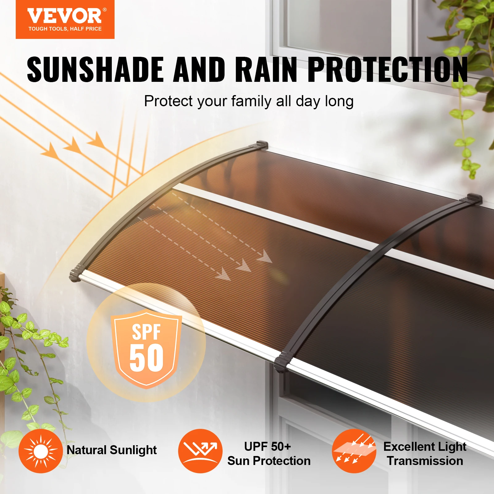 VEVOR Window Door Awning Canopy 3 Sizes UPF 50+ Polycarbonate Entry Window Awning Front Door Overhang Awning for Sun Shutter