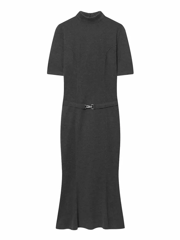 Hh mulher início da primavera moda cinto decoração mangas curtas cor sólida fino ajuste vestido macio feminino elegante versátil vestido longo