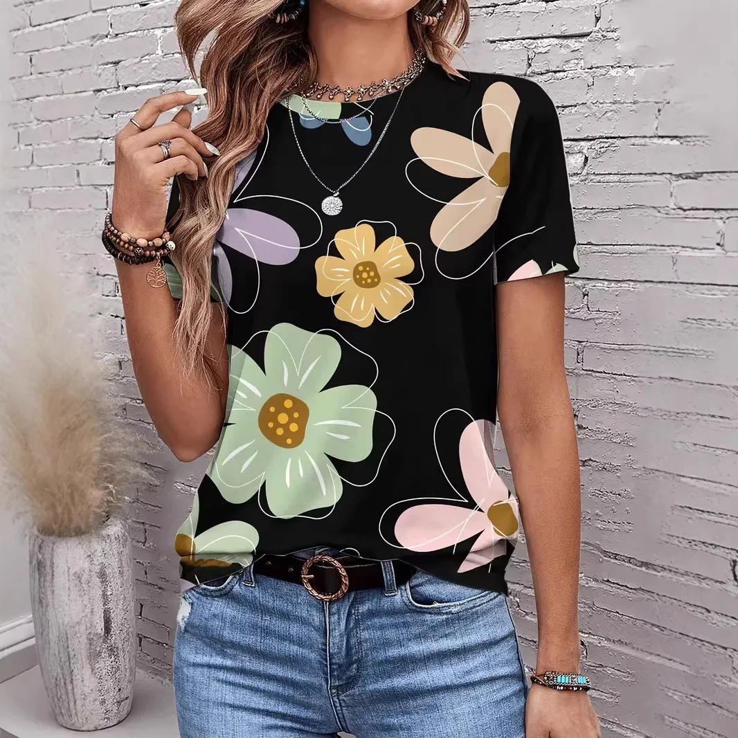 Vintage Style Women's Character Print Tee Cute Boy and Girl Illustration Short Sleeve Round Neck Casual Top 2