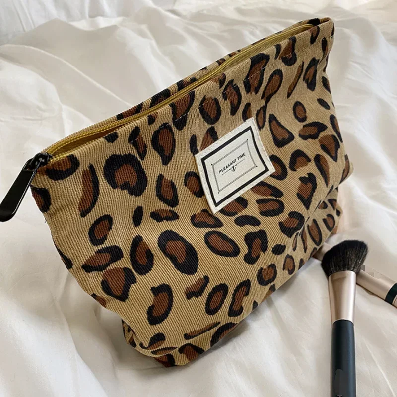 Bolsa de cosméticos con estampado de leopardo Retro de pana, bolsa de lavado para mujer, bolsa de cosméticos de viaje, Estuches de almacenamiento de