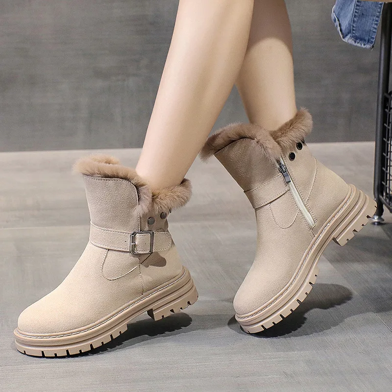 Zapatos botas de nieve con cremallera para mujer, botas de diseñador de lujo con punta redonda, calzado de invierno para mujer, moda Rock Lolita 2024, media pantorrilla Med Ru