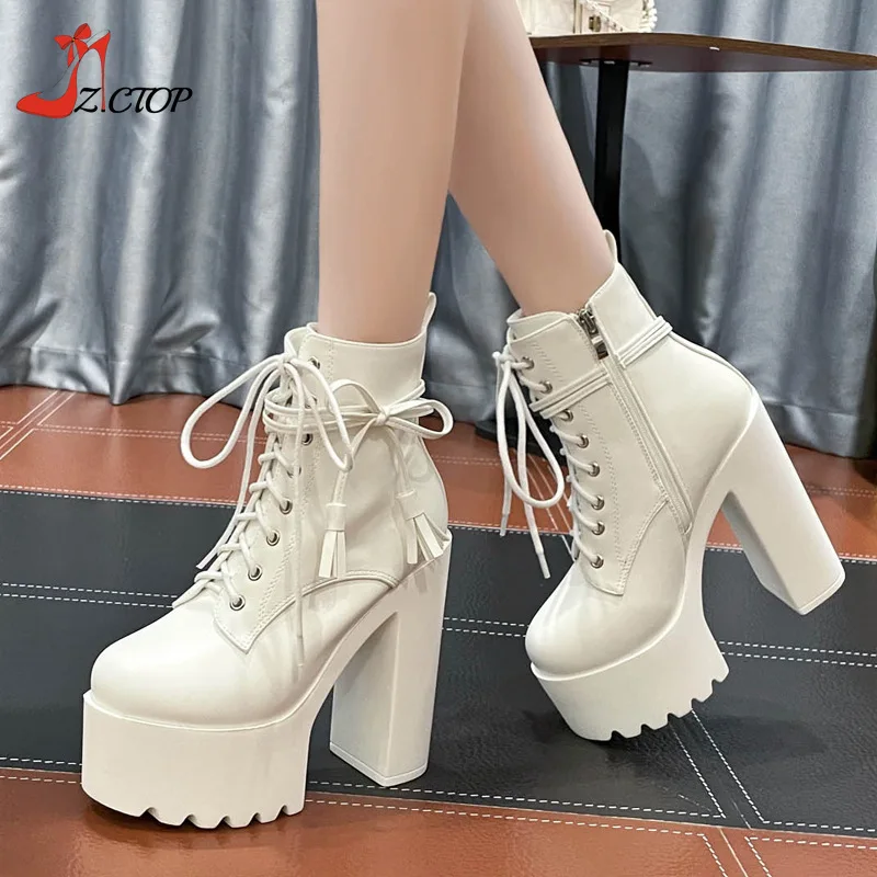 

14cm Thick High Heels Women Boots Autumn Winter New Chunky Platform Ankle Boots Zip Black White Party Shoes
