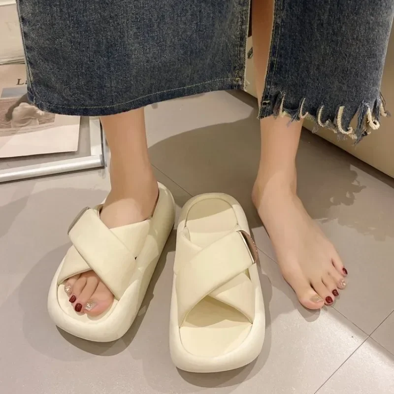 

BCEBYL Summer Square Toe Metal Decoration Fashion Women's Shoes New Thick Bottom Comfortable Wear-resistant Casual Flat Slippers