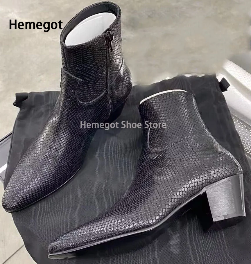 

Black Pointed Toe Chelsea Boots Men's Spring and Autumn Comfortable Personalized Cowhide Embossed Side Zipper Heightening Boots