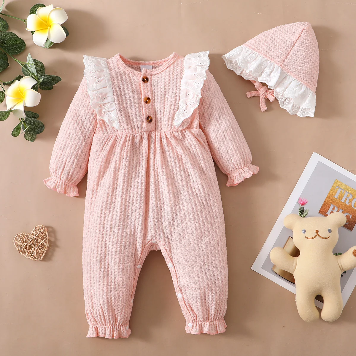 New Long Sleeve Rompers Baby Girl Jumpsuit Newborn Baby Clothes Solid Ruffled Clothing with Hat Birthday Clothes Yellow & Pink