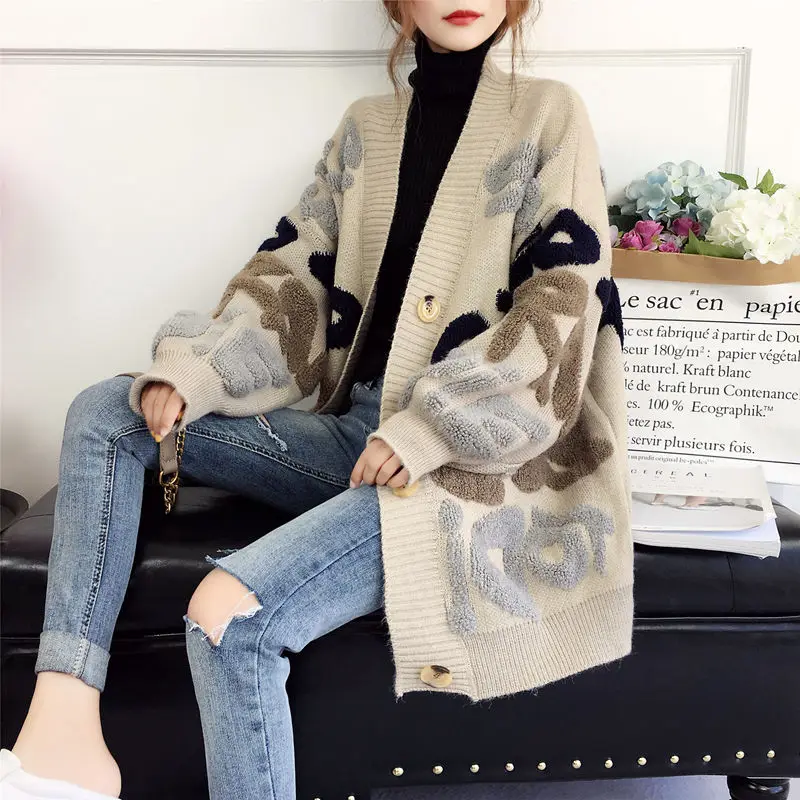 Korean Edition Lazy Cardigan Women\'s Sweater Autumn Winter Letter Thickened Knitted Long Sleeved Casual Loose Top for Women