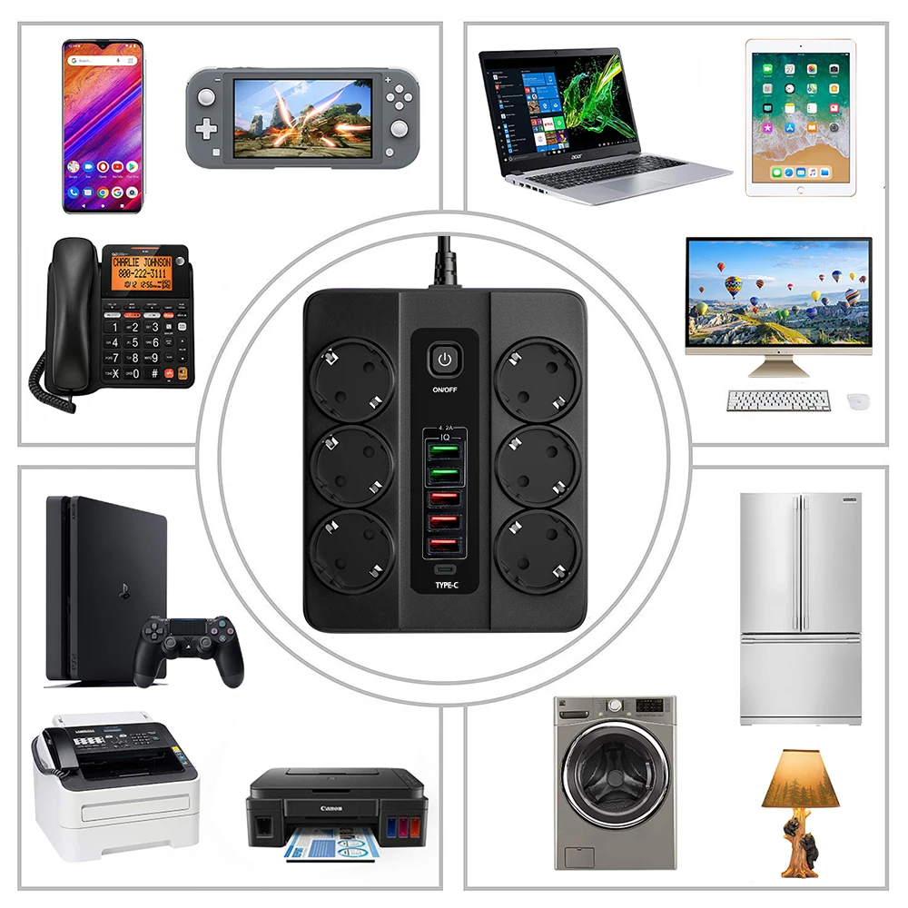 EU Plug Power Strip with 6 AC Outlets 5 USB Port 1 Type C Power Extension Cable Multi Socket Network Filte with Switch for Home