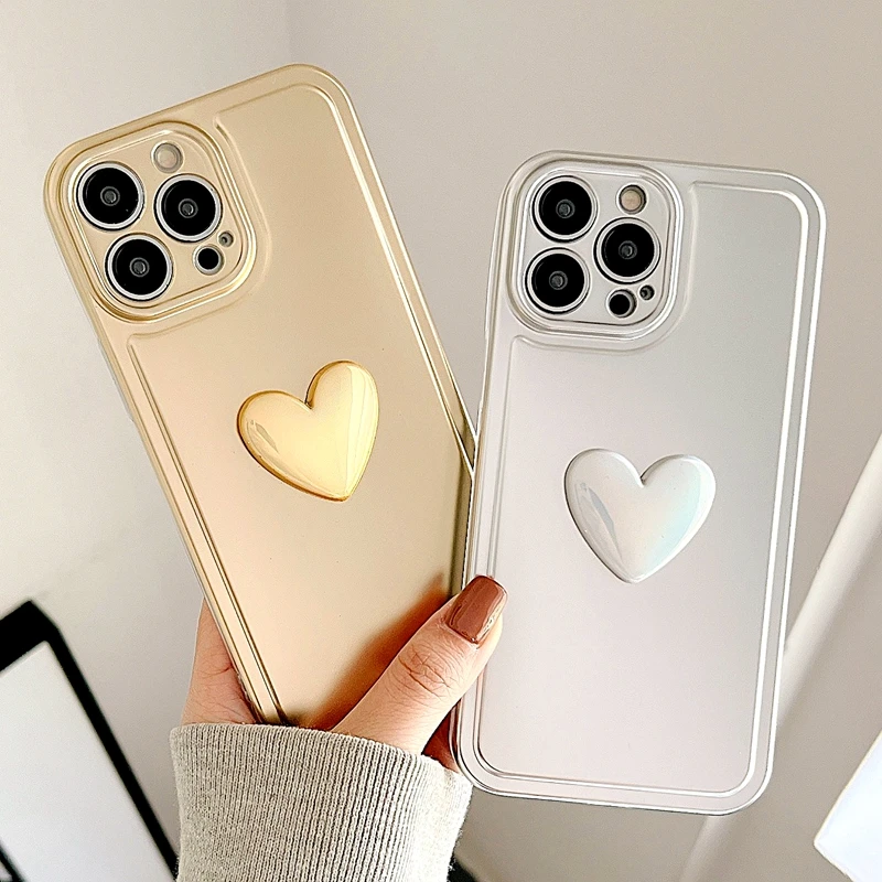 Luxury Electroplated Love Heart Phone Case For iPhone 11 12 13 14 Pro Max Plus Matte Bumper Soft Silicone Gold Cases Cover