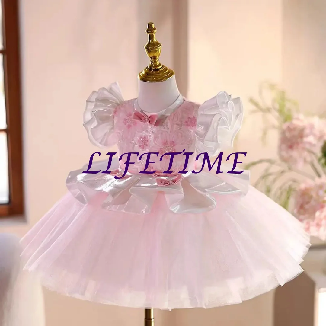 

customizedElegent White Satin Pearls Girl Dress Court Train Dubai Kids Princess Wedding Birthday Party First Communion Gown