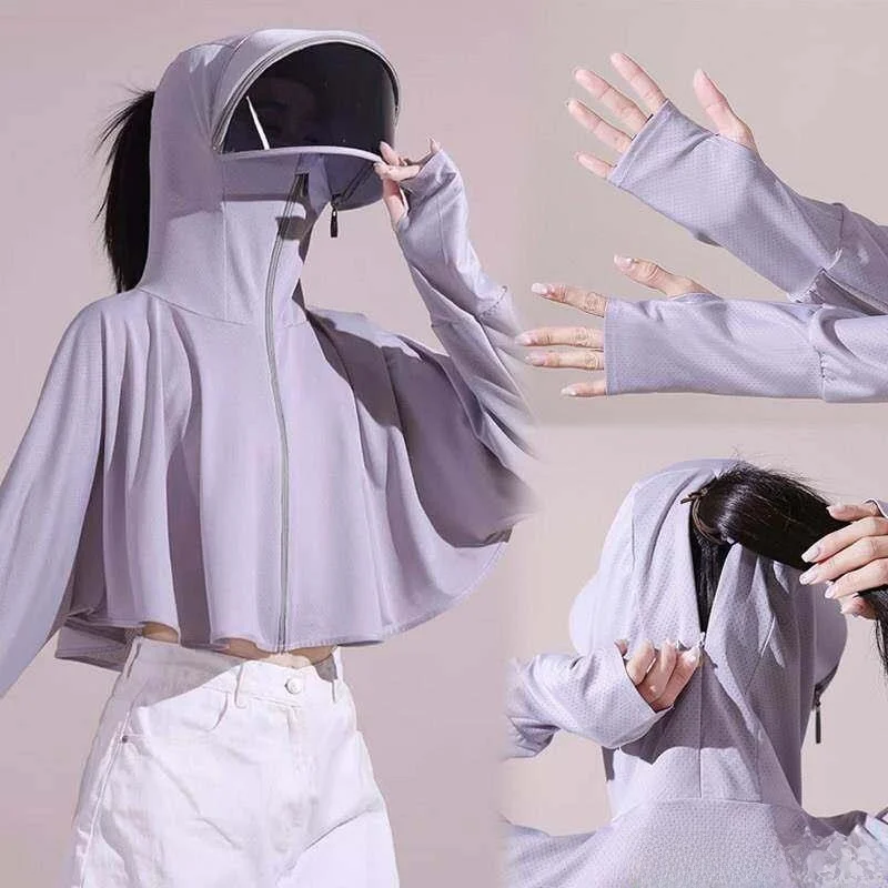 

Ice Silk UV Protection Clothing Women's Summer Anti-UV Face Mask Hat Integrated Short Jacket Driving Training Sunshade