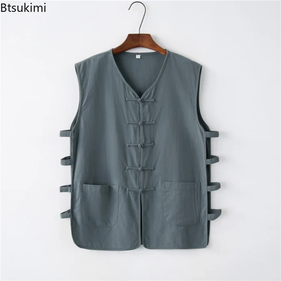 2024 Men\'s Casual Cotton Linen Vest Top Solid Retro Disc Buckle Sleeveless Trendy Vest for Men Oversized Summer Mandarin Jacket