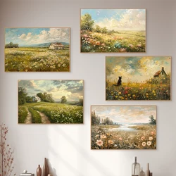 Wildflower Field Cat Sparrow Farm House Painting Posters and Prints Canvas Printing Rustic Retro Wall Art Picture for Home Decor