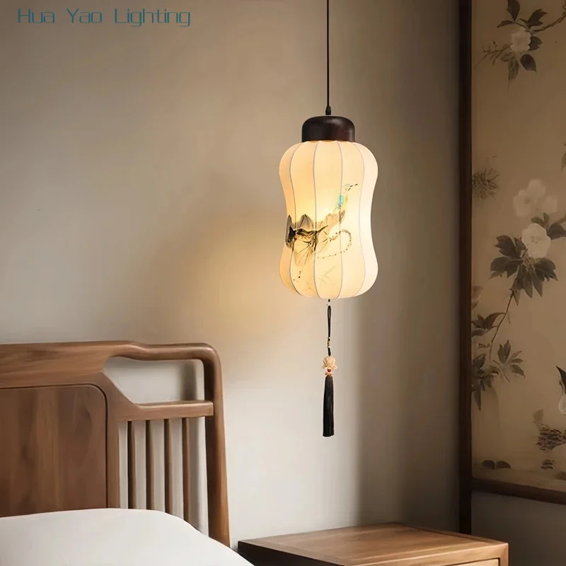 Chinese Style Ink Art Lantern Pendant Light, Soft Warm Hanging Lamp For Home Bedroom Dining Room Tea House Decor E27