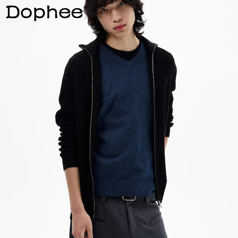 Men Women American Style Retro Sweater Cardigan Jackets 2025 Autumn New High-end Zipper Stand Collar Couple Trendy Knitted Tops