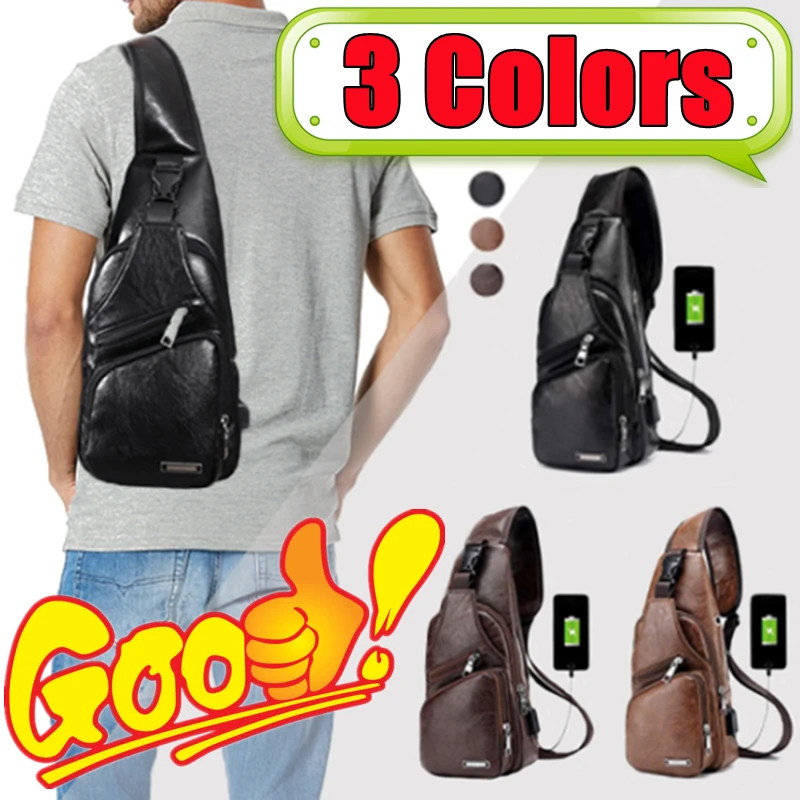 

New Simple and Fashionable Casual Solid Color PU Multifunctional USB Charging Zipper MEN'S Chest Bag Crossbody Bag for Commuting