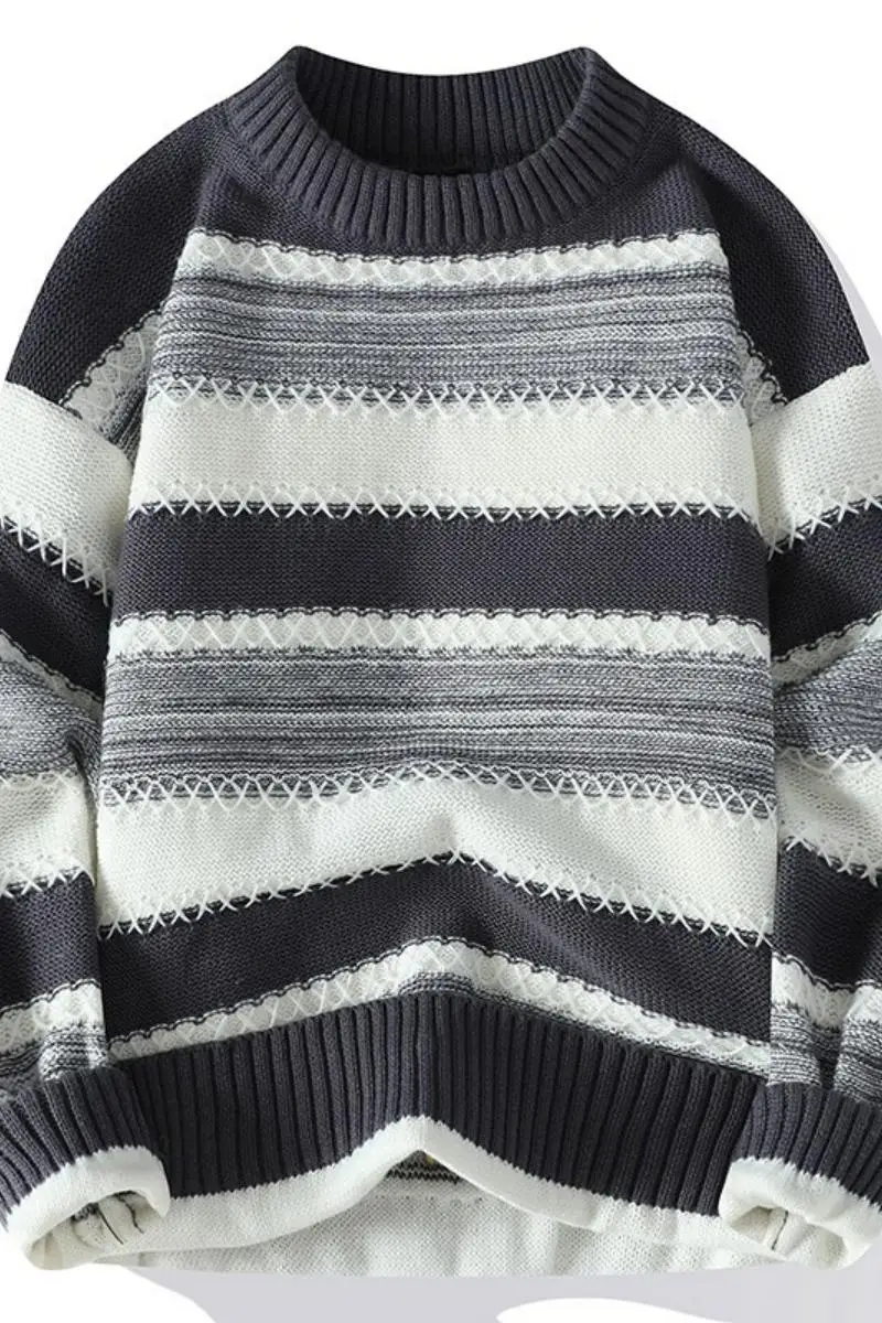 Sweater Men's Spring Autumn and Winter Retro New Contrasting Color Stripes Trend