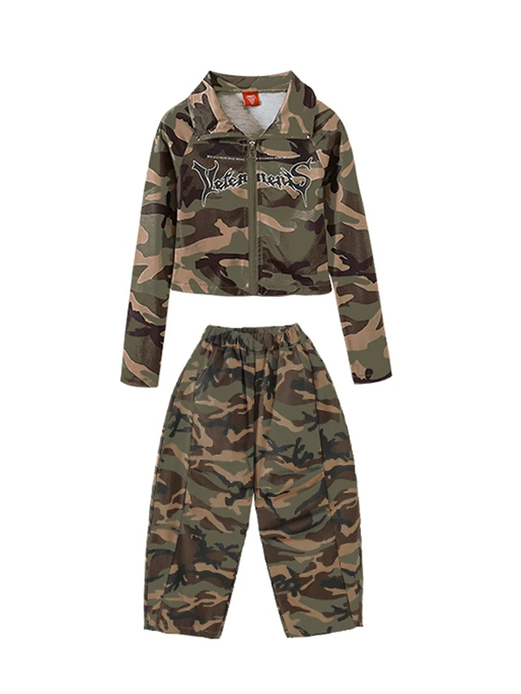 Novas meninas hip hop roupas de dança camuflagem mangas compridas terno crianças jazz dança topos calças prática desempenho traje palco wear
