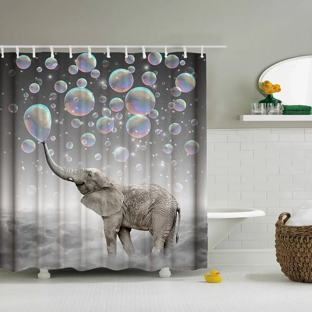 4 Pcs Elephant Shower Curtain Set Waterproof Fabric Bath Curtain Animal Bubbles Non-Slip Bath Mat Toilet Lid Cover Decor